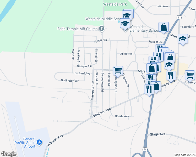 map of restaurants, bars, coffee shops, grocery stores, and more near 3130 Sinclair Street in Memphis
