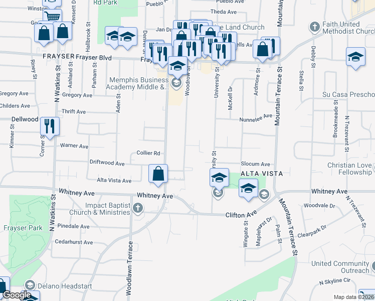 map of restaurants, bars, coffee shops, grocery stores, and more near 3128 Woodrow Street in Memphis