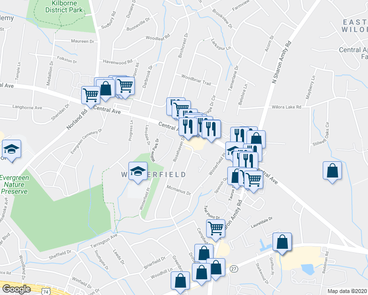 map of restaurants, bars, coffee shops, grocery stores, and more near 3840 Driftwood Drive in Charlotte