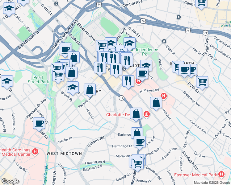 map of restaurants, bars, coffee shops, grocery stores, and more near 196 Queens Rd in Charlotte