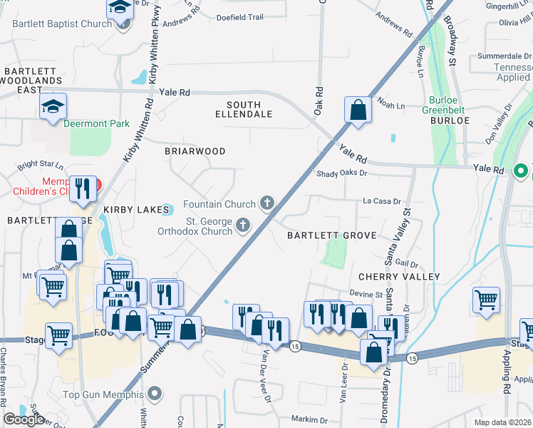 map of restaurants, bars, coffee shops, grocery stores, and more near 7036 U.S. 79 in Bartlett