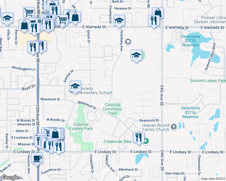 map of restaurants, bars, coffee shops, grocery stores, and more near 603 Vicksburg Avenue in Norman