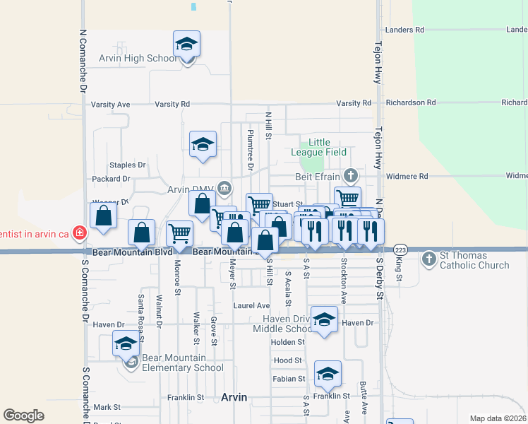 map of restaurants, bars, coffee shops, grocery stores, and more near 305 North Hill Street in Arvin