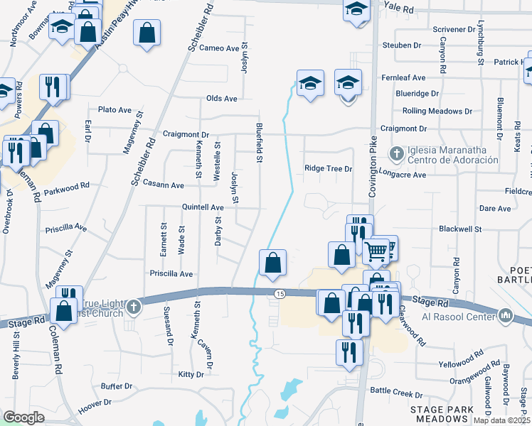 map of restaurants, bars, coffee shops, grocery stores, and more near 3126 Bluefield Street in Memphis