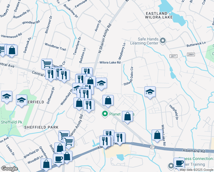map of restaurants, bars, coffee shops, grocery stores, and more near 3758 North Sharon Amity Road in Charlotte