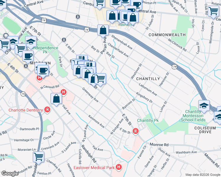 map of restaurants, bars, coffee shops, grocery stores, and more near 2220 East 8th Street in Charlotte