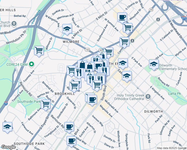 map of restaurants, bars, coffee shops, grocery stores, and more near in Charlotte