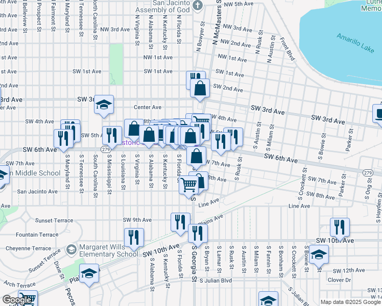 map of restaurants, bars, coffee shops, grocery stores, and more near 2701 SW 6th Ave in Amarillo