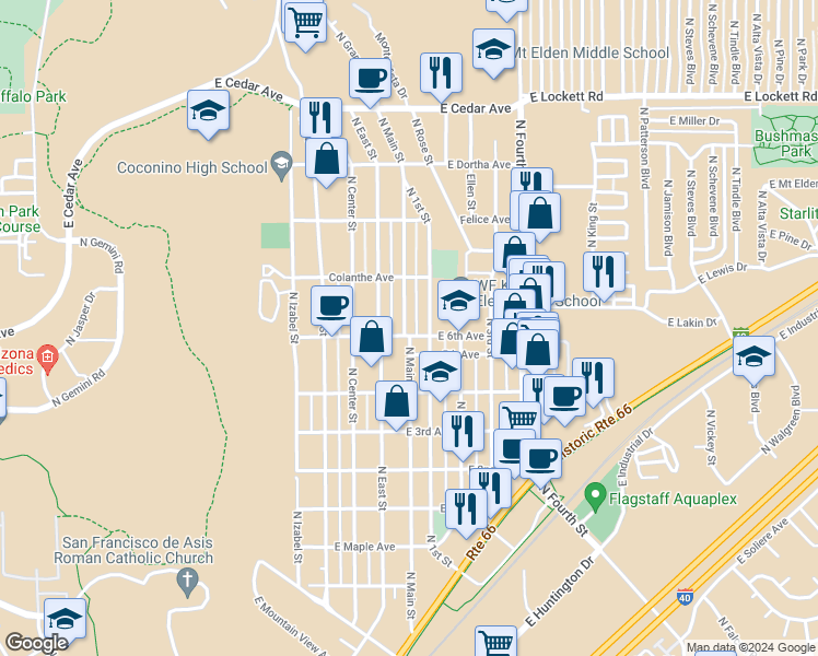 map of restaurants, bars, coffee shops, grocery stores, and more near 2100 East 6th Avenue in Flagstaff