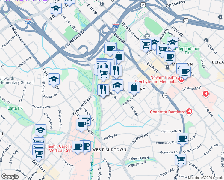 map of restaurants, bars, coffee shops, grocery stores, and more near in Charlotte