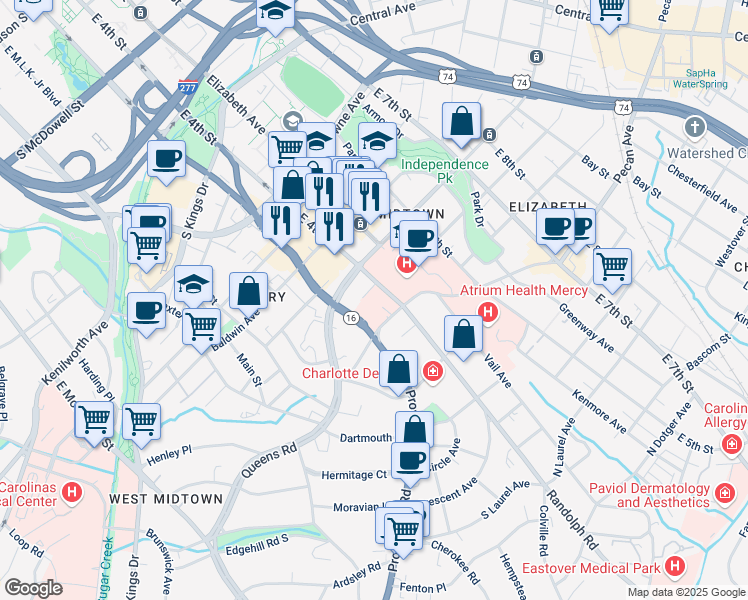 map of restaurants, bars, coffee shops, grocery stores, and more near 1718 East 4th Street in Charlotte