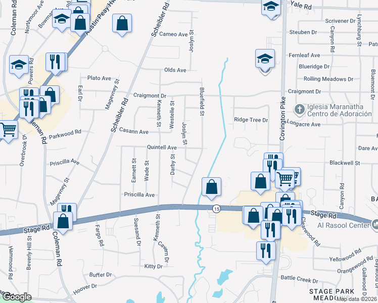 map of restaurants, bars, coffee shops, grocery stores, and more near 4825 Quintell Avenue in Memphis