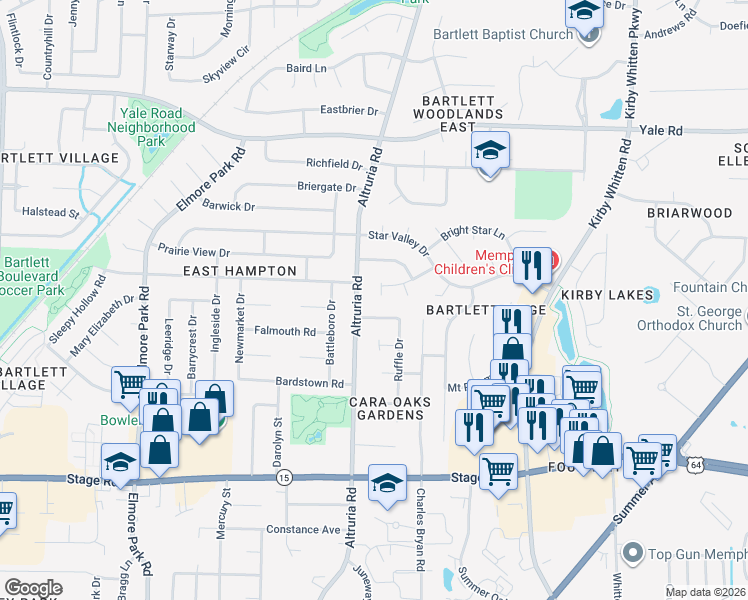 map of restaurants, bars, coffee shops, grocery stores, and more near 6487 Star Ridge Drive in Bartlett