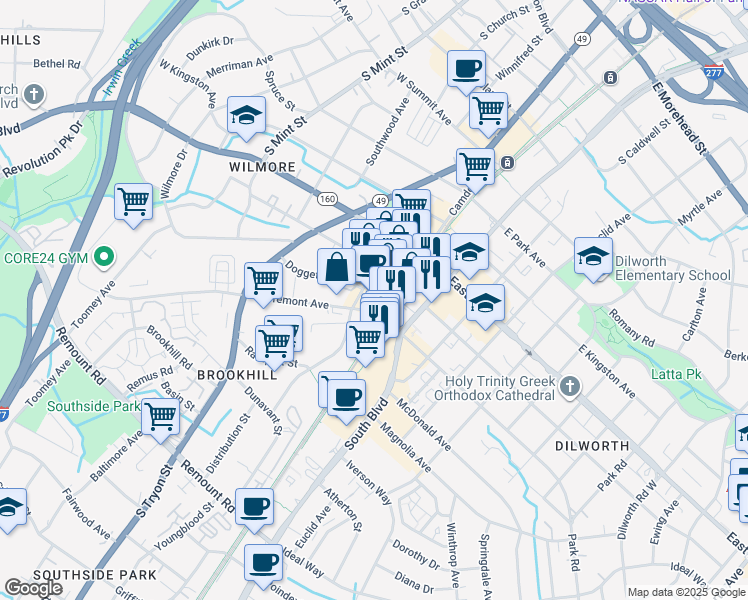 map of restaurants, bars, coffee shops, grocery stores, and more near 1924 Camden Road in Charlotte