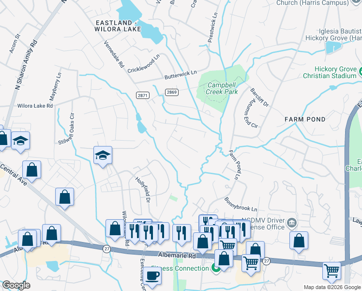 map of restaurants, bars, coffee shops, grocery stores, and more near 6322 Thelo Drive in Charlotte