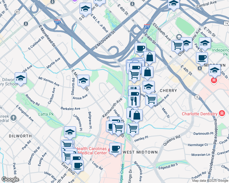 map of restaurants, bars, coffee shops, grocery stores, and more near 1120 Pearl Park Way in Charlotte