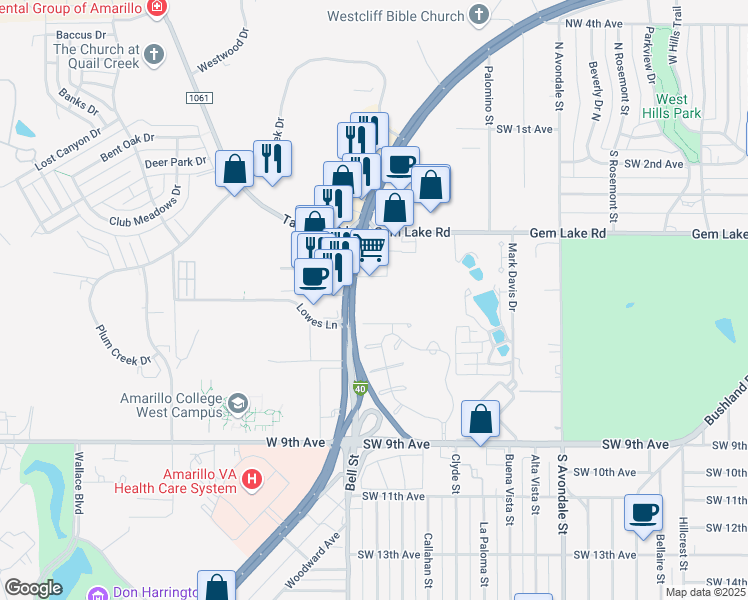 map of restaurants, bars, coffee shops, grocery stores, and more near 5781 West Amarillo Boulevard in Amarillo