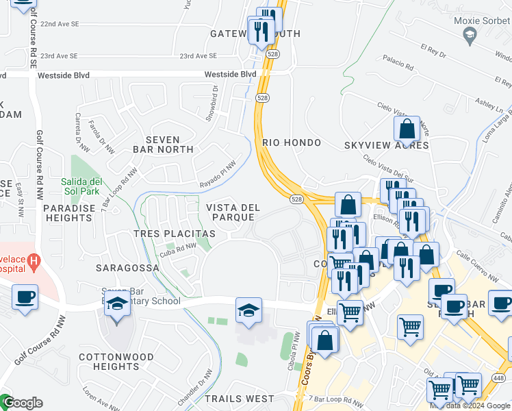map of restaurants, bars, coffee shops, grocery stores, and more near 10800 Cibola Loop Northwest in Albuquerque