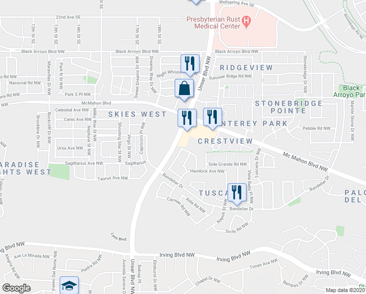 map of restaurants, bars, coffee shops, grocery stores, and more near 99999 Contess Road Northwest in Albuquerque