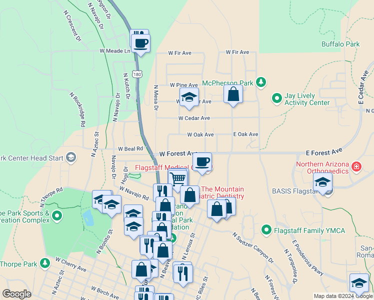 map of restaurants, bars, coffee shops, grocery stores, and more near 310 West Forest Avenue in Flagstaff