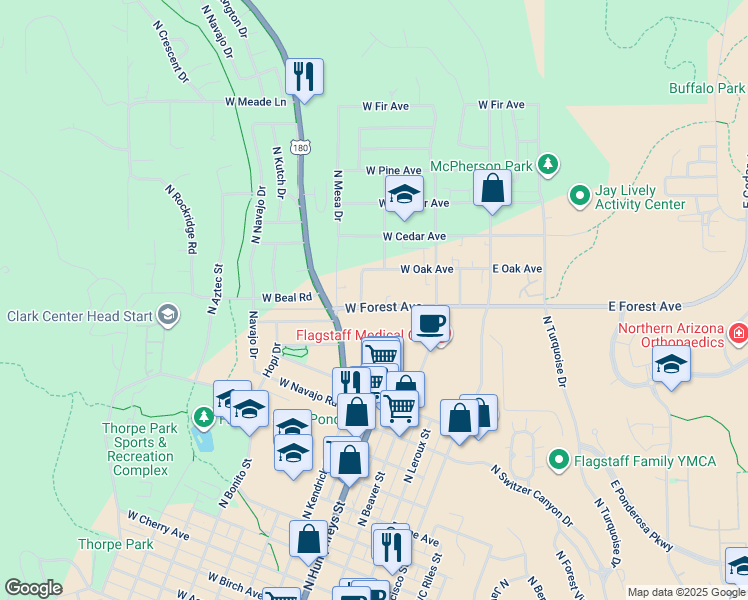 map of restaurants, bars, coffee shops, grocery stores, and more near 404 West Forest Avenue in Flagstaff