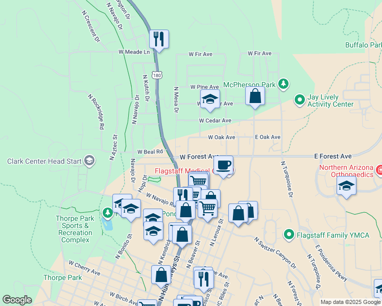 map of restaurants, bars, coffee shops, grocery stores, and more near 404 West Forest Avenue in Flagstaff