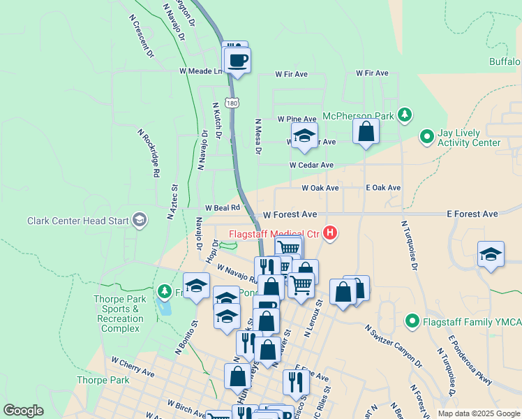 map of restaurants, bars, coffee shops, grocery stores, and more near 404 West Forest Avenue in Flagstaff