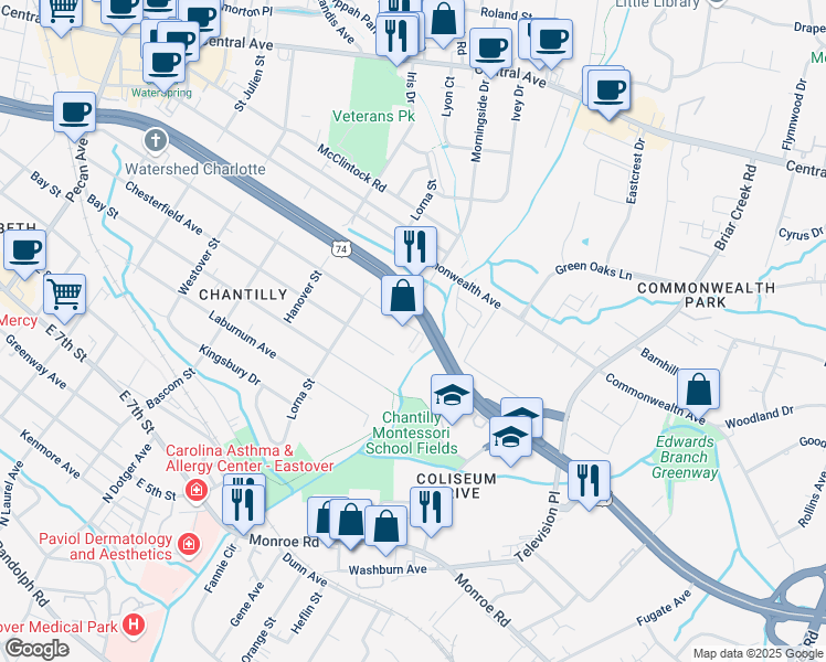 map of restaurants, bars, coffee shops, grocery stores, and more near 2672 Shenandoah Avenue in Charlotte