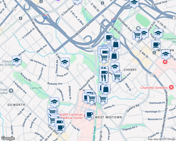 map of restaurants, bars, coffee shops, grocery stores, and more near 1120 Pearl Park Way in Charlotte