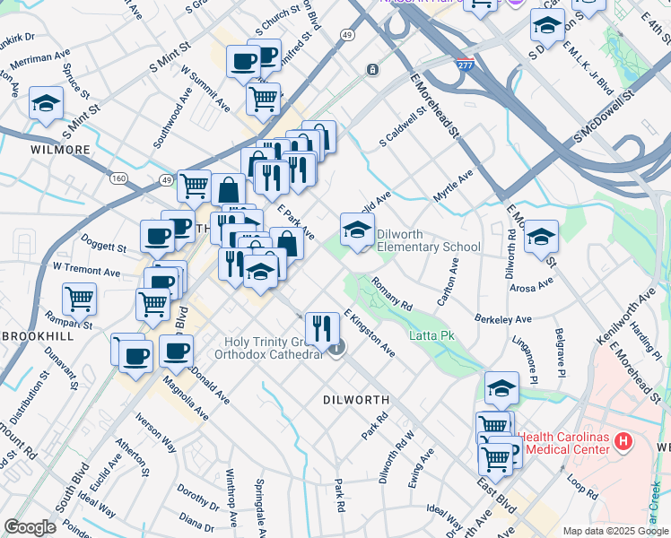map of restaurants, bars, coffee shops, grocery stores, and more near 416 East Park Avenue in Charlotte