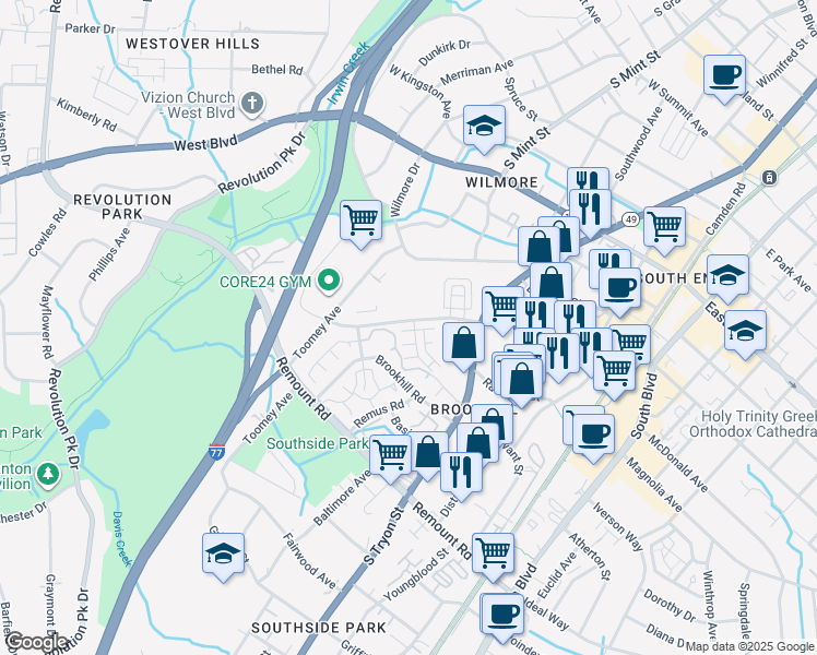 map of restaurants, bars, coffee shops, grocery stores, and more near 527 West Tremont Avenue in Charlotte