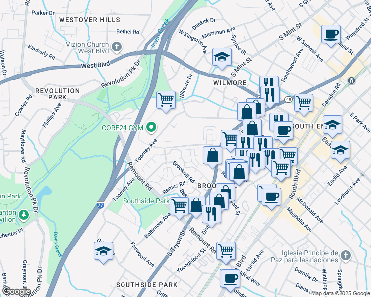 map of restaurants, bars, coffee shops, grocery stores, and more near 527 West Tremont Avenue in Charlotte