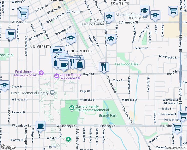 map of restaurants, bars, coffee shops, grocery stores, and more near 304 Boyd Street in Norman