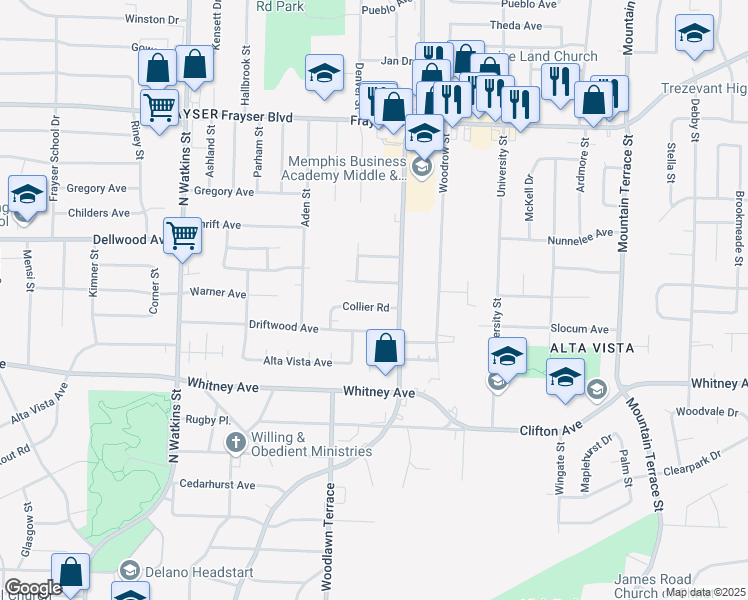 map of restaurants, bars, coffee shops, grocery stores, and more near 2054 Collier Road in Memphis