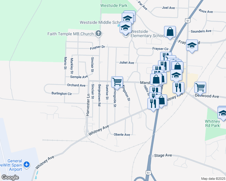 map of restaurants, bars, coffee shops, grocery stores, and more near 3129 Morningside Street in Memphis
