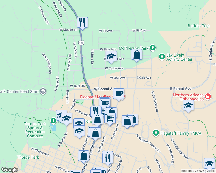 map of restaurants, bars, coffee shops, grocery stores, and more near 310 West Forest Avenue in Flagstaff