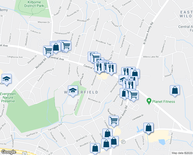 map of restaurants, bars, coffee shops, grocery stores, and more near in Charlotte