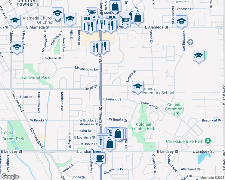 map of restaurants, bars, coffee shops, grocery stores, and more near 603 Albany Place in Norman