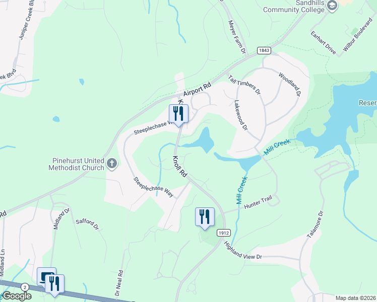 map of restaurants, bars, coffee shops, grocery stores, and more near 187 Knoll Road in Southern Pines