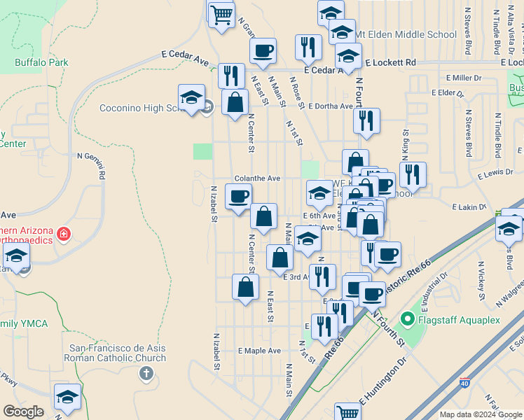 map of restaurants, bars, coffee shops, grocery stores, and more near 1916 East 6th Avenue in Flagstaff