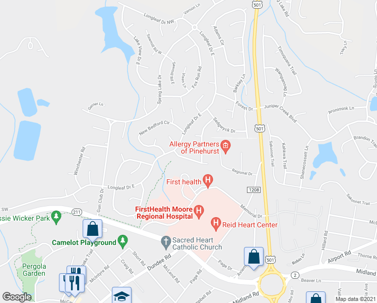 map of restaurants, bars, coffee shops, grocery stores, and more near 6 Vinson Lane in Pinehurst