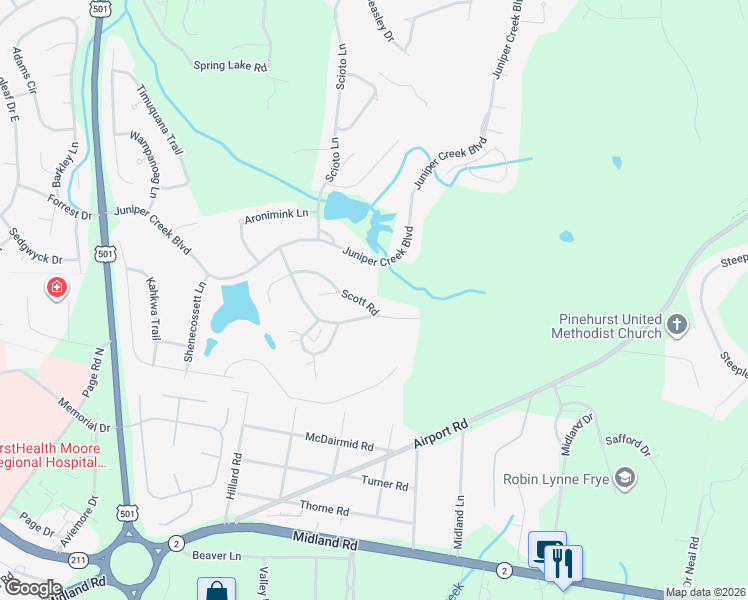 map of restaurants, bars, coffee shops, grocery stores, and more near 115 Scott Road in Pinehurst