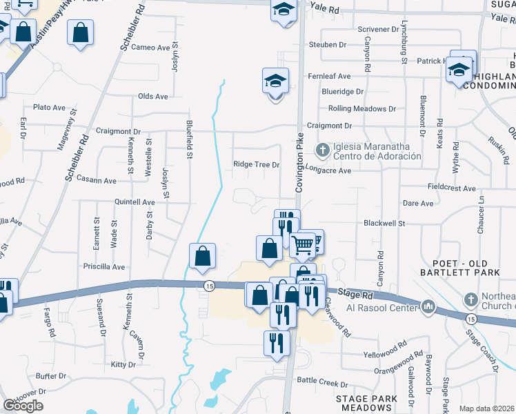 map of restaurants, bars, coffee shops, grocery stores, and more near 5006 Cobalt Cove in Memphis