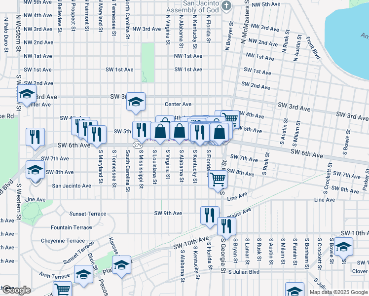 map of restaurants, bars, coffee shops, grocery stores, and more near 2917 Southwest 6th Avenue in Amarillo