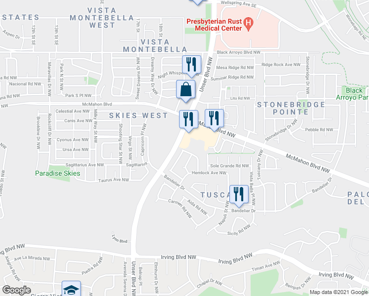 map of restaurants, bars, coffee shops, grocery stores, and more near 6235 Contess Road Northwest in Albuquerque
