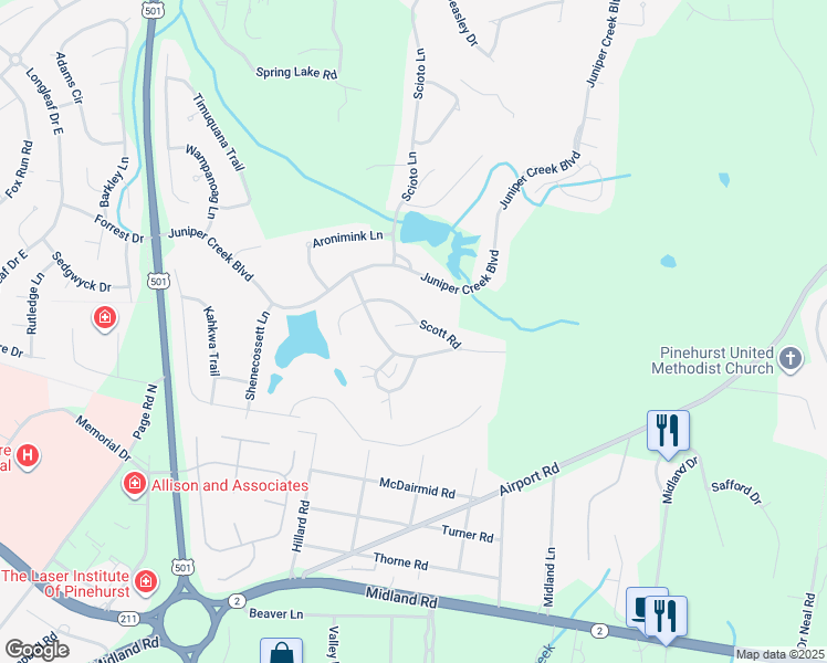 map of restaurants, bars, coffee shops, grocery stores, and more near 60 Scott Road in Pinehurst