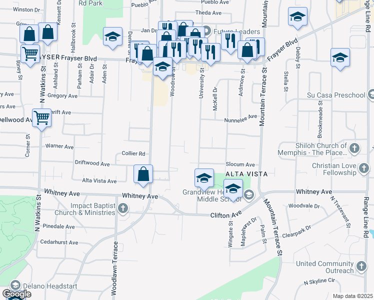 map of restaurants, bars, coffee shops, grocery stores, and more near 3134 Chandler Street in Memphis