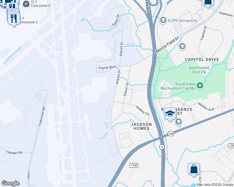 map of restaurants, bars, coffee shops, grocery stores, and more near 5305 Airport Drive in Charlotte