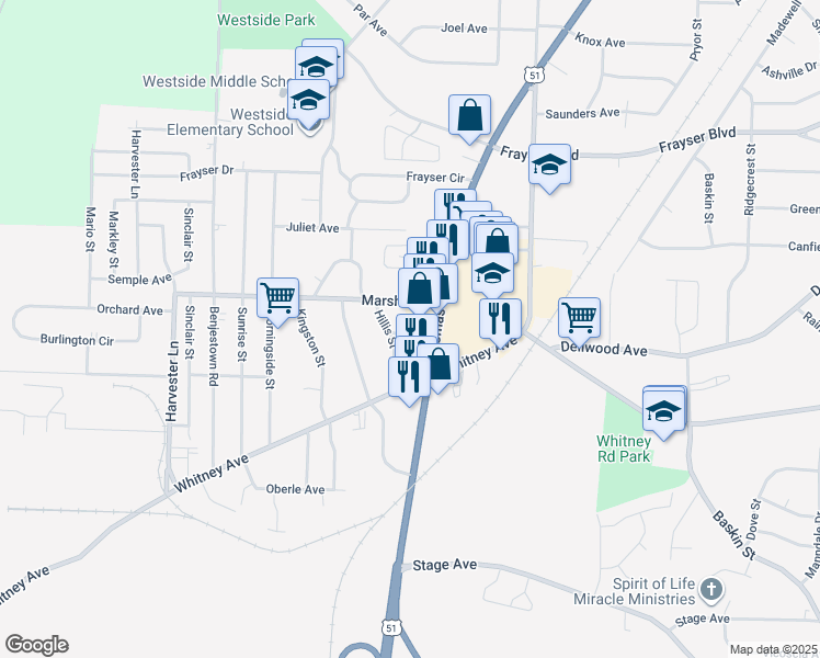 map of restaurants, bars, coffee shops, grocery stores, and more near 3129 Thomas Street in Memphis