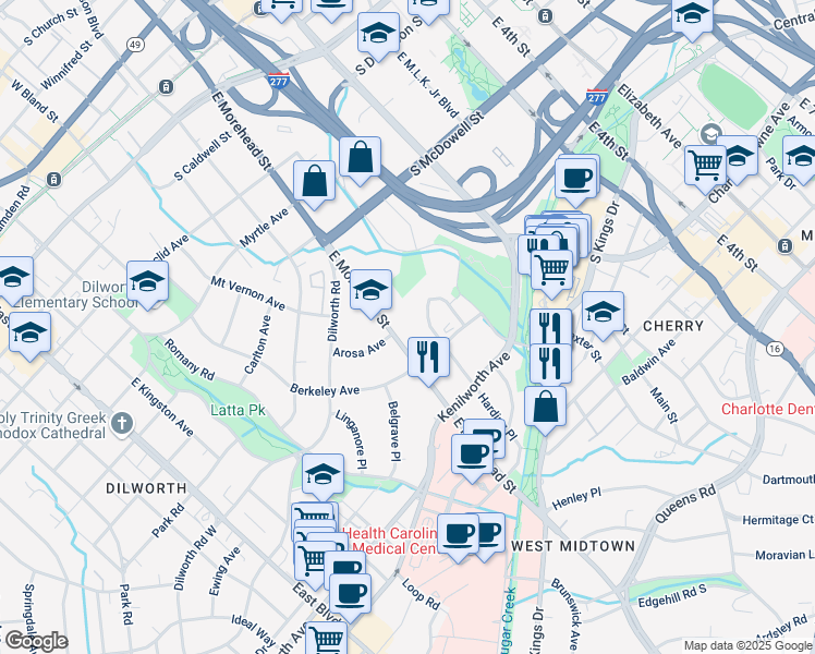 map of restaurants, bars, coffee shops, grocery stores, and more near 1109 East Morehead Street in Charlotte